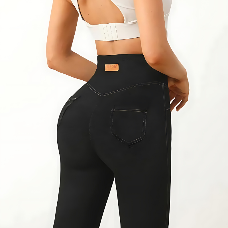 Pantalón Elástico Ajustado Tiro Alto con Bolsillo Trasero