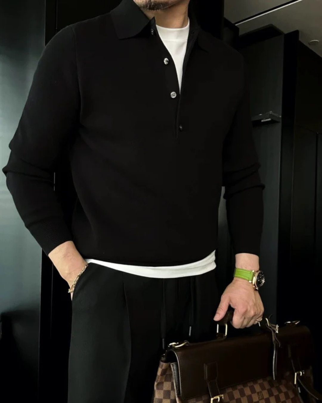 Camiseta polo de manga larga de punto para hombre