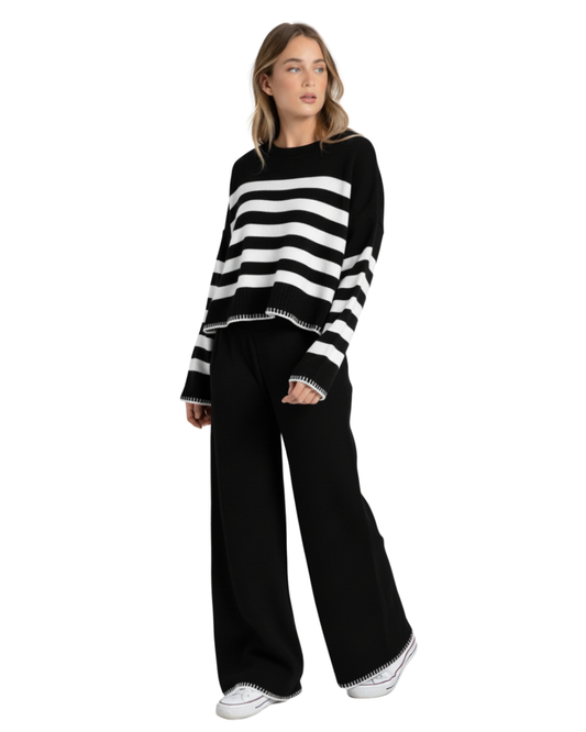 Conjunto de punto suave con rayas para mujer