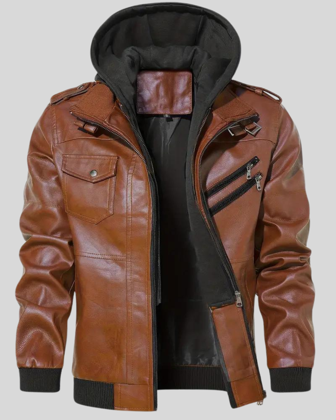 Chaqueta de Cuero con Capucha para Hombre