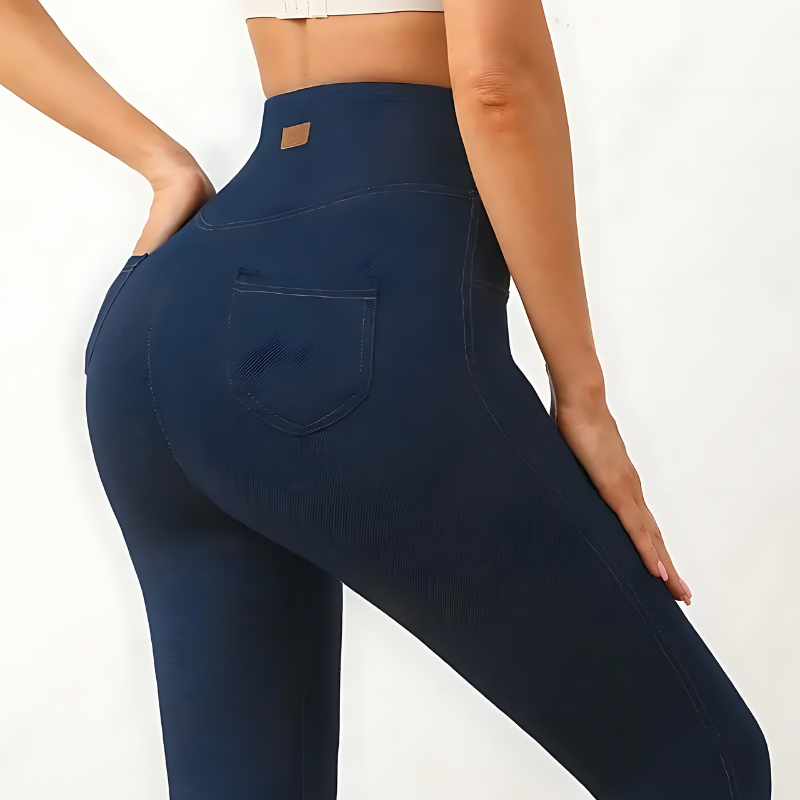 Pantalón Elástico Ajustado Tiro Alto con Bolsillo Trasero