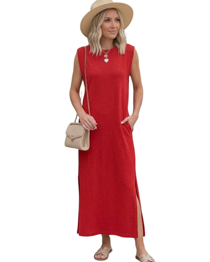 Vestido Maxi con Caída Fluida y Diseño sin Mangas