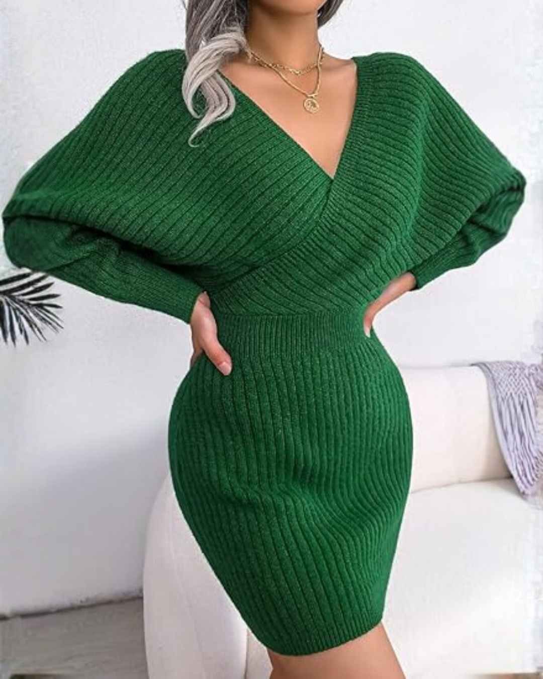 Vestido de Punto de Manga Larga con Elegante Escote en V®