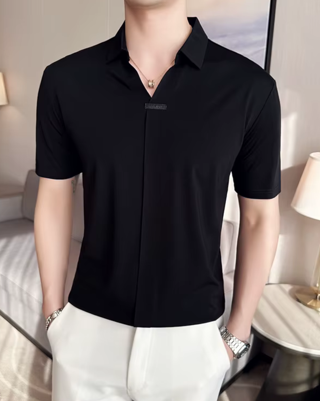 Polo de Hombre de Gran Elasticidad Ligero Suave y Resistente a las Arrugas en Color Liso