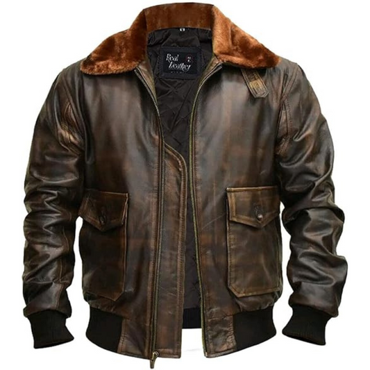 Chaqueta de Cuero Estilo Aviador para Hombre con Cuello Felpa