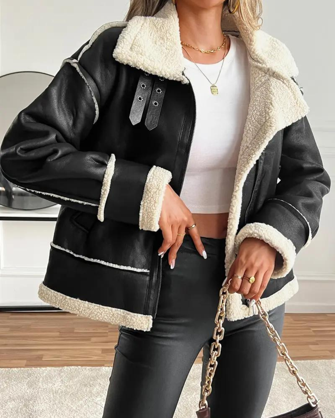 Chaqueta Elegante de Cuero Forrado de Felpa para Mujer