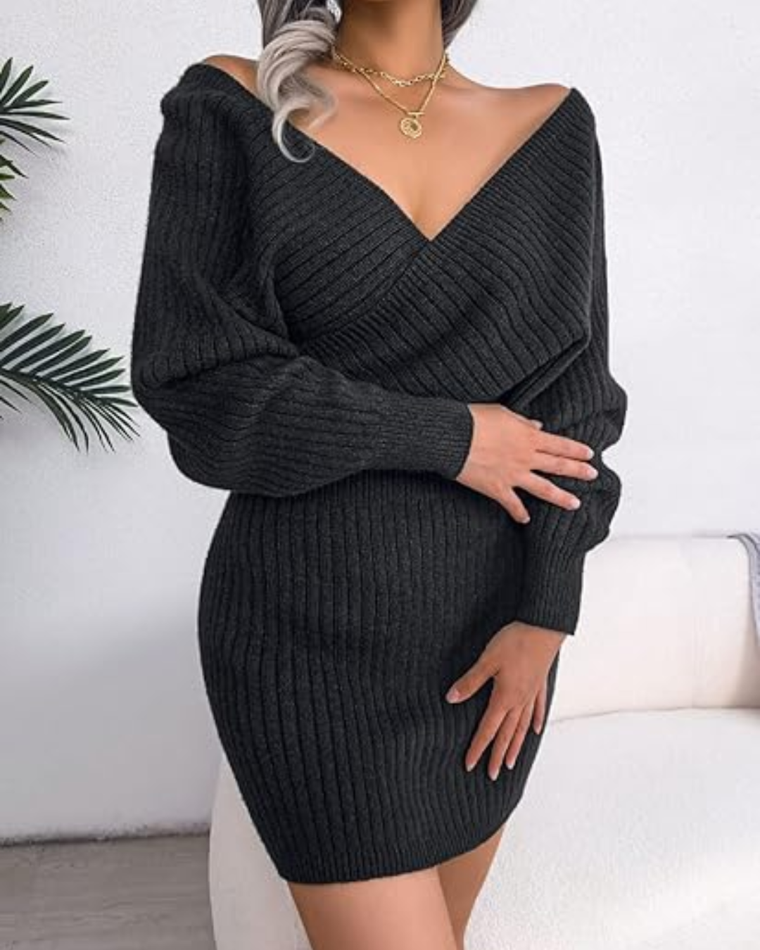 Vestido de Punto de Manga Larga con Elegante Escote en V®