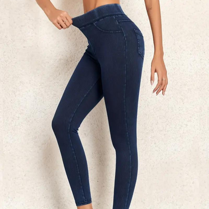 Pantalón Elástico Ajustado Tiro Alto con Bolsillo Trasero